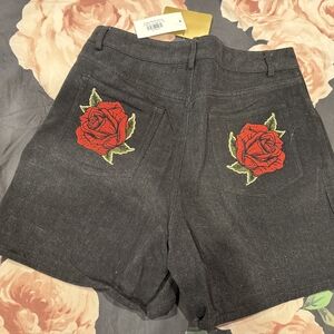 Embroidered Rose Black Denim Shorts